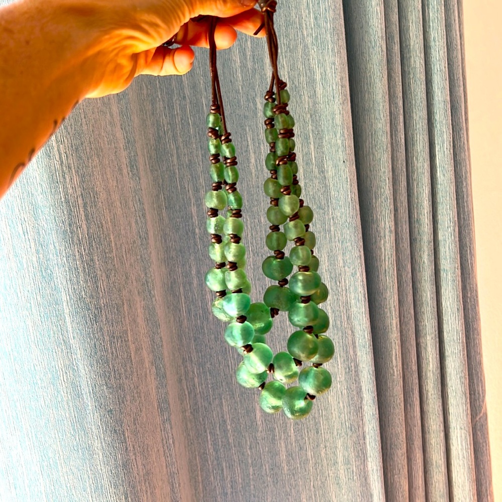 20” Sea glass statement necklace hand-knotted with bronze leather cord
